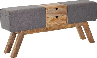Turnbock Sitzbank mit Schubladen, Gesamtansicht mit grauem Stoffbezug, Holzbeinen und zentralem Schubladenelement.