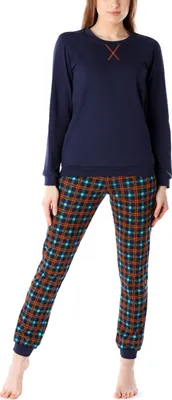 Produktbild von Merry Style Damen Schlafanzug Zweiteiler lang Pyjama Langarm Lange Hose mit Muster MS10-168 (Marineblau (Orange-Kariert), L)