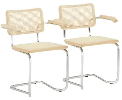Produktbild von k-hometrends KADEEM Freischwinger Stühle 2er Set mit Armlehnen & Wiener Geflecht – Esszimmerstühle aus Holz & Metall – Designstühle Natur/Chrom
