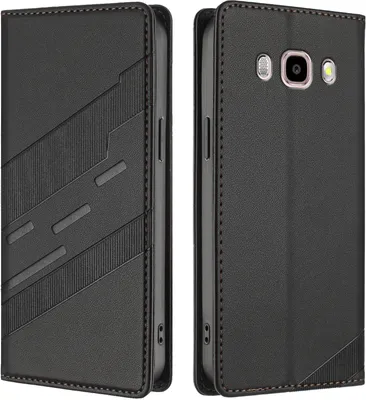 A black leather flip case for a Samsung Galaxy J7 2016 phone, shown from two angles.