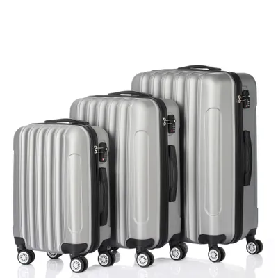 Produktbild von FCH, 3-teiliges Reisekoffer-Set, ABS Hartschale, Grau mit Vertikallinien, leicht, langlebig, große Kapazität, schmutzabweisend & pflegeleicht, robuste Griffe, ergonomisch gestaltet. Größen: 20 Zoll (57x37x21cm), 24 Zoll (67x43x23cm), 28 Zoll (78x49x28cm)