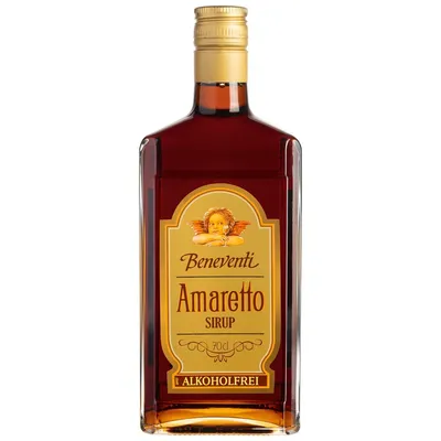A bottle of Amaretto syrup on a white background.