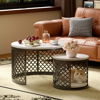 Produktbild von okwish okwish 2-in-1-Couchtisch mit Stauraum, Sofatisch Tischplatte in Marmoroptik,Gitter-Hohlraum-Design, Schwarz