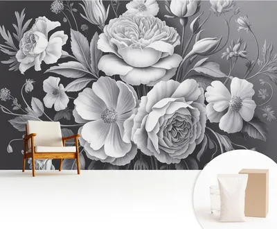 Zdjęcie produktu dla Fototapeta samoprzylepna – 416 x 254 cm – tapeta – tapeta ścienna – obrazy ścienne – folia samoprzylepna – folia dekoracyjna – tapeta foliowa – ściana – dekoracja – salon – szare kwiaty