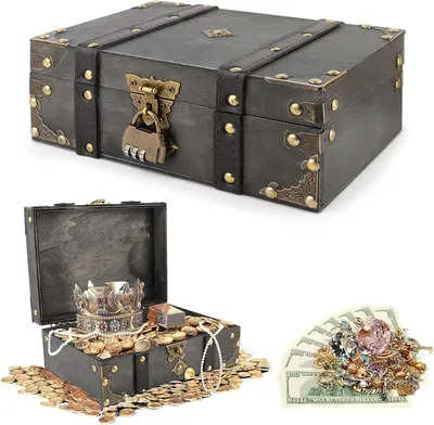 Produktbild von Holz Vintage Piratenschatztruhe mit Schloss, 24x17x9,5 cm, Aufbewahrungsbox für Kinder