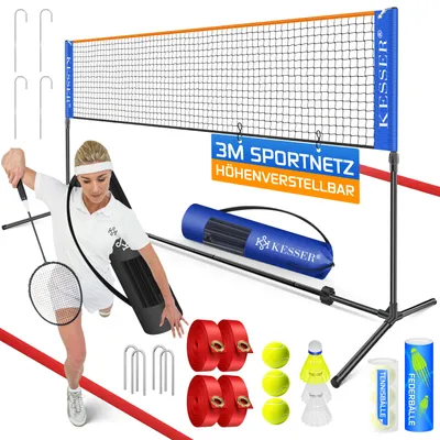 Produktbild von KESSER® Badmintonnetz, Tennisnetz | 300cm | 400cm | 500 cm | Federballnetz 3-Fach-Höhenverstellbar, Set bestehend aus Netz, 3x Feder- & Tennisball, stabilem Eisen-Gestell, Transporttasche, Indoor & Outdoor