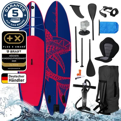 Produktbild von BRAST SUP Board Shark | Aufblasbares Stand up Paddle Set | 320x81x15cm | 8 Designs | inkl. Sonderzubehör | 2in1 Paddel Kajak-Sitz Action-Cam-Halterung Fußschlaufe Pumpe Rucksack | Dunkelblau