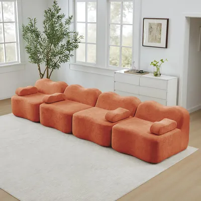 Image de Canapé modulable quatre places de forme ondulée, velours, mousse 32D, coussin d'accoudoir amovible, 384 x 98 x 70 cm, orange