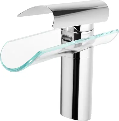 Obrázek produktu pro Koupelnová baterie – umyvadlová baterie – skleněný vodopádový výtok – montáž na desku – jednodírná – páková (teplá/studená) – mosazné tělo – keramická kartuše – stříbrná