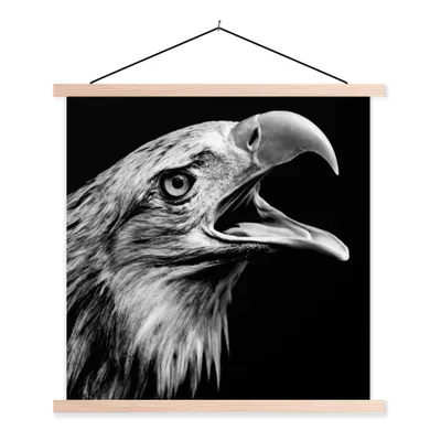 Produktbild von MuchoWow® Textilposter Adler - Porträt - Raubvögel - Schwarz - Weiß - Vogel 40x40 cm mit holzfarbenen Rahmen - Posterleiste