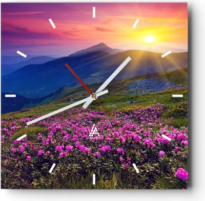 Produktbild von Wanduhr - Quadrat - Glasuhr - Wiese Berge Landschaft - 30x30cm - Schleichendes Uhrwerk - Lautlos - zum Aufhängen bereit - Dekoration Modern - Wanddekoration aus Glas - C3AC30x30-2676