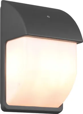 A wall-mounted light fixture with a dark gray housing and a frosted white diffuser.
