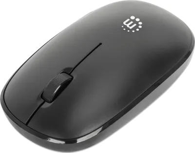 A black wireless computer mouse is shown from a slightly elevated diagonal angle against a white background.