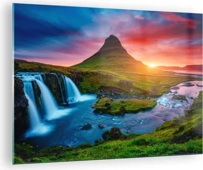 Produktbild von Bilder auf glas - Sonnenuntergang Wasserfall Island Vulkan - 70x50cm - Glasbilder - Wandbilder - Kunstdruck - Wanddekoration aus Glas - Glas Bilder - Wandbild auf Glas - GAA70x50-2963