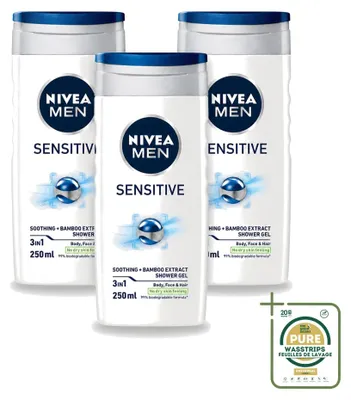 Immagine prodotto di 3 confezioni di gel doccia NIVEA MEN Sensitive, idratante, 250 ml ciascuna, confezione risparmio, 3 pezzi
