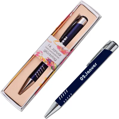 Produktbild von Personalisierter Kugelschreiber Kuli Blau Geschenk mit Datum Gravur 02.Januar blaue Großraummine