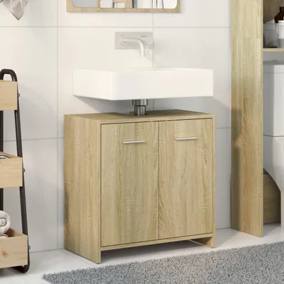 A bathroom vanity cabinet with a sink and faucet.