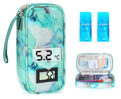 Medikamenten-Kühltasche mit Temperaturanzeige, 2 Kühlakkus, TSA, Marmorgrün
