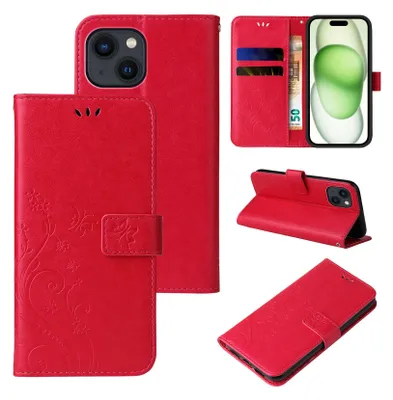 Produktbild von Handyhülle für Apple iPhone 15 Floral Blumen Schmetterling Flip Cover Hülle Case Klapphülle Handytasche Farbe: Rot