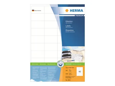 Obrázek produktu pro HERMA Premium - papír - matný - permanentní samolepicí - bílý - 52,5 x 29,7 mm 8000 štítků (200 listů x 40)