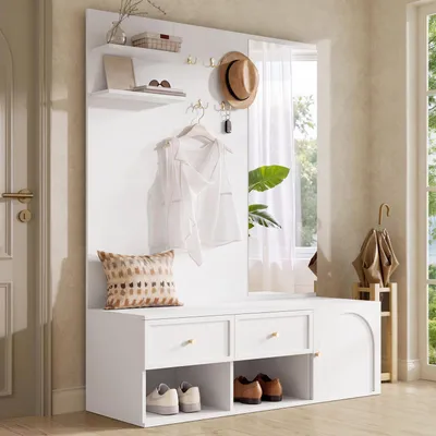 Produktbild von MODFU Garderoben Set mit Spiegel,6-in-1 Garderobensets,Flurgarderobe Weiß,Wandgarderobe mit Schuhablage und Stauraum,moderne Eingangsbereich