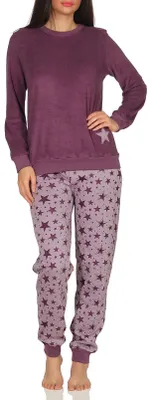 Produktbild von Damen Frottee Pyjama Schlafanzug mit Bündchen Sterne als Motiv - auch in Übergrößen 93020 ; beere , 52
