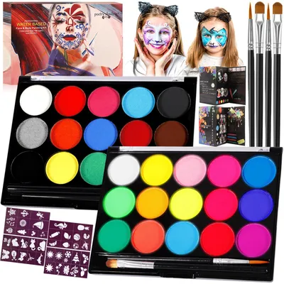 Imagen del producto de Kit de maquillaje para niños, con colores neón UV, 15 colores, 30 pinturas corporales y 40 plantillas para tatuajes