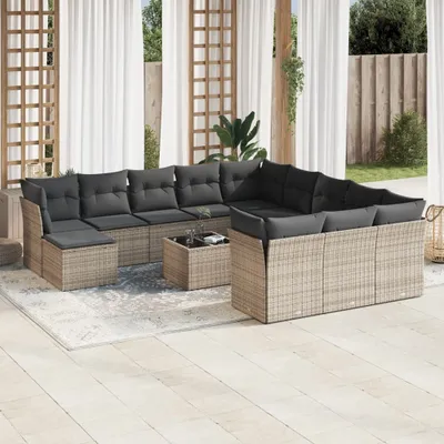Produktbild von Design 13-tlg. Garten-Sofagarnitur mit Kissen Grau Poly Rattan, Gartenmöbel-Sets 2024 Neu