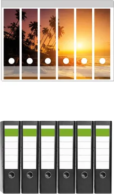 Produktbild von Wallario 6 Stück breite Ordner inkl. Klebeetiketten mit Motive Kokospalmen am Abend - Sonnenuntergang in Sri Lanka -  Set mit Rückenschildern / Ordnerrücken Stickern