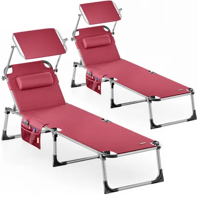 Image de CASARIA® Lot de 2 Transats Pliables avec Pare-Soleil Réglable - Chaises Longues de Jardin, Bain de Soleil 210 cm - Terrasse, Piscine, Plage - 180 kg - Rouge