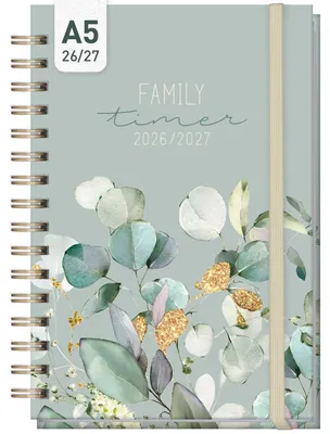 Produktbild von Family-Timer 2026/2027 / 17 Monate / A5 / Minty Leaves / Häfft-Verlag