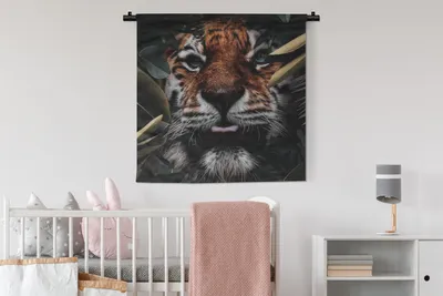 Produktbild von MuchoWow® Wandteppich Wandbehang Tiger - Blatt - Tiere 90x90 cm Tapisserie Dekoration Wandtuch - Wandaufhänger