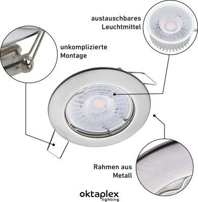 Produktbild von Oktaplex 6er Set LED Einbaustrahler flach Sedan 1,9W 3000K Warmweiß 345lm 230V Edelstahl gebürstet Mini Einbauspot Lochmaß 60mm