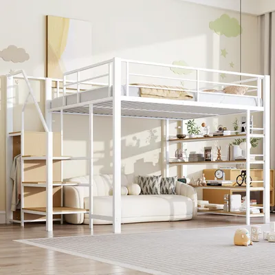 Image de Lit mezzanine 140x200 cm avec escalier de sécurité, espace de rangement, armoire et étagères, garde-corps de sécurité haut, lit en métal pour enfants et adolescents, blanc