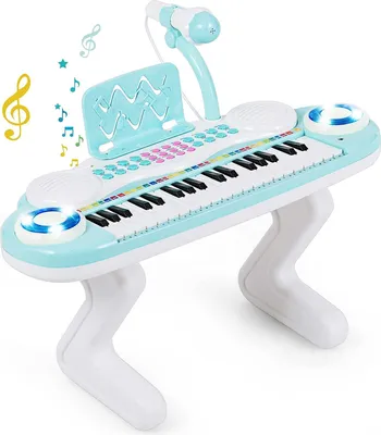 Produktbild von 37 Tasten Kinderklavier, Klaviertastatur, Elektronisches Keyboard mit Mikrofon & Z-Staender, Spielzeug Klavier Mini, Digitalpiano mit Licht für Kinder ab 18 Monaten (Blau)