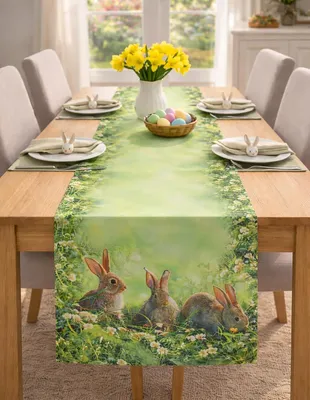 Produktbild von Tischläufer Ostern & Frühling – 40x140 cm – Motiv Hasen Trio – Bunter Oster-Tischläufer waschbar & abwaschbar – Dekorative Tischwäsche für Küche & Wohnzimmer