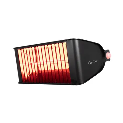 A black infrared heater with glowing red heating elements, shown against a white background.