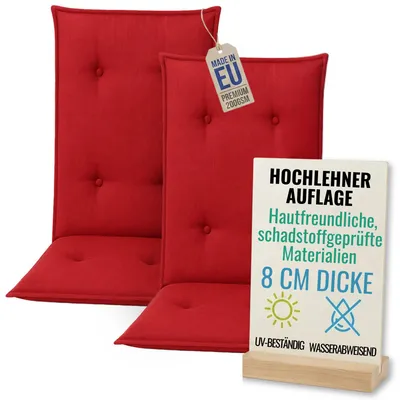 Produktbild von Pillows24 - 2x Hochlehner Auflagen 120x50x8 cm | Gesteppte Wetterfeste Gartenstuhlauflagen | Polster Sitzkissen für  Gartenmöbel |   EU | Rot
