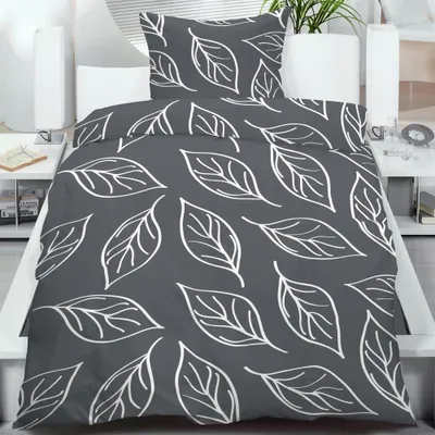 Produktbild von Malika Mikrofaser-Fleece-Bettwäsche 2-teilig, 135 × 200 + 80 × 80 cm, Grau Blättermuster