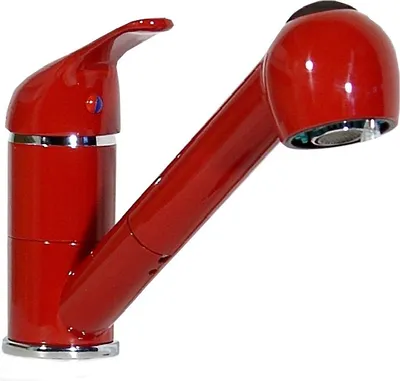 A red kitchen faucet with a pull-out spray head, shown against a white background.