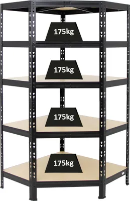 A black corner shelving unit with four shelves, each displaying a black weight labeled '175kg'.