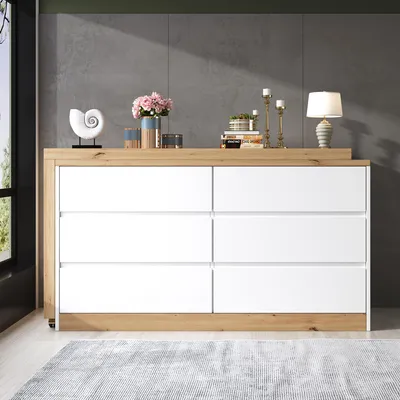 Produktbild von Flieks Schreibtisch mit feststellbaren Rollen und 6 Schublade, Eckschreibtisch mit 4 cm dickere, drehbare Tischplatte, Bürotisch, Weiß+Eiche