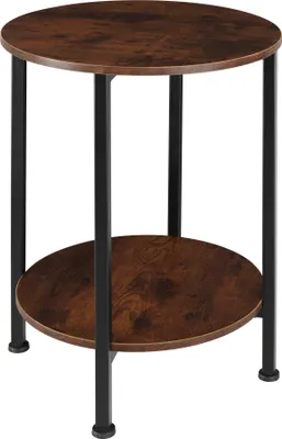 A round, two-tiered side table with a dark wood grain finish and black metal legs, presented against a white background.