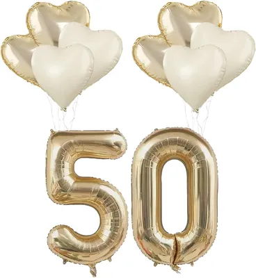 Image de Ensemble de ballons - Décorations pour mariage d'or - Ballon en forme du chiffre 50 en or avec cœur - Ballons en forme de chiffres pour anniversaire