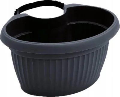 A dark gray oval planter with a ribbed texture and a black handle attached to the rim.