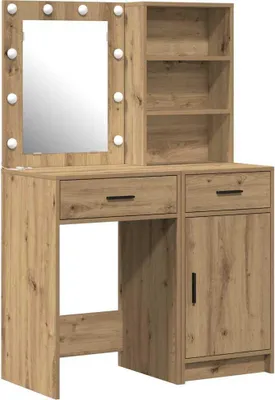 A vanity table with a mirror and storage shelves.