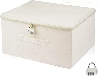 Obrázek produktu pro Bezpečný kufřík se zámkem – úložný box na oblečení a hračky – látkový s víkem (béžový, 40 x 30 x 21 cm)