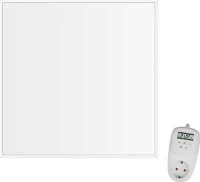 A white infrared heating panel and a white thermostat with a digital display and plug.