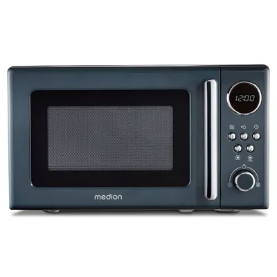 Produktbild von MEDION Retro Mikrowelle klein (20 Liter, ca. 800 Watt, 5 Mikrowellenstufen, 8 Automatikprogramme, Digitale Anzeige, Auftaufunktion, kompakt, MD15000) grau