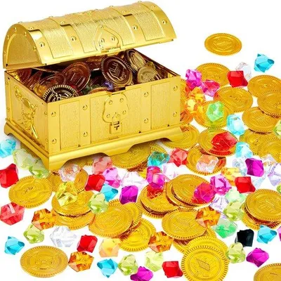 Immagine prodotto di Giocattoli per bambini - Scrigno antico con 50 monete d'oro e 50 pietre preziose, 12,3 x 7,5 x 8 cm, legno